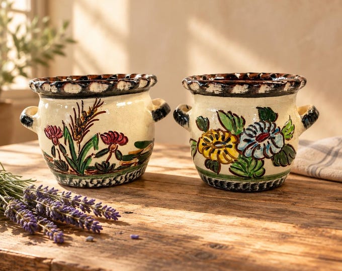 Vintage 1960s Polish pottery planters/bowls with floral motif 4.25” x 5”