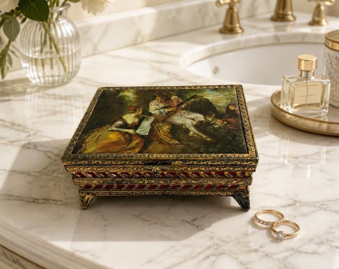 Vintage Antoine Watteau La Gamme d’Amour cast metal music box 2” x 4.25”