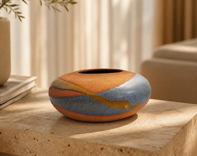 Signed Alfa Dom Studio Pottery Bowl: Abstract Glazed Terracotta Vase