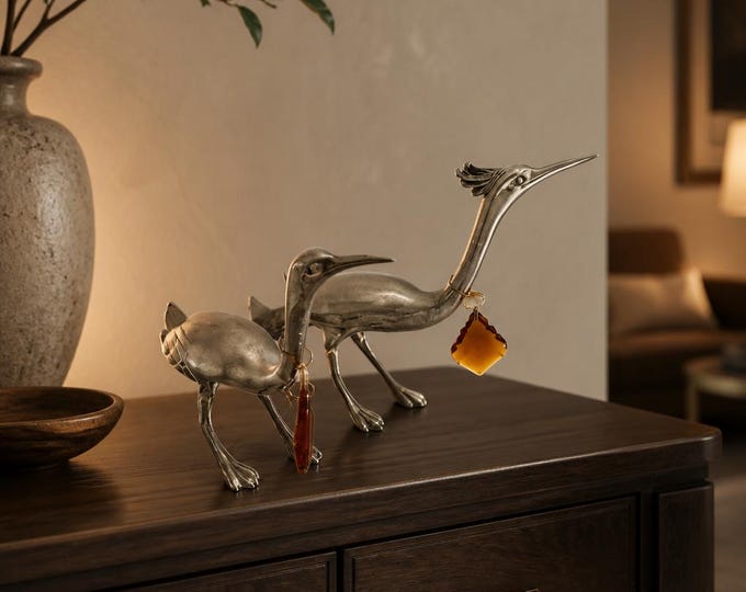 Pair of vintage Weidlich mid century modern silver plate birds with faux jewel