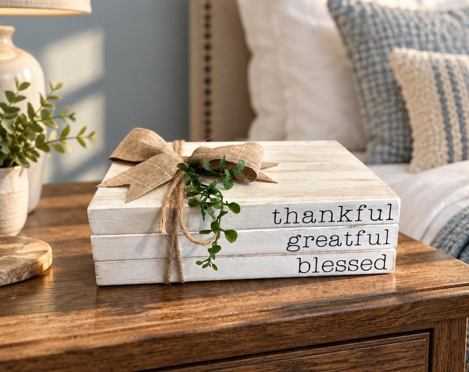 Vintage set of three wooden books tied in twine- Grateful, Thankful, Blessed 2.5” x 8”