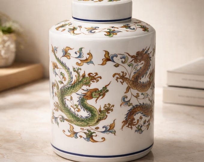 Vintage Chinese lidded ginger jar with dragon and leaf/vine motif- 6” x 5”