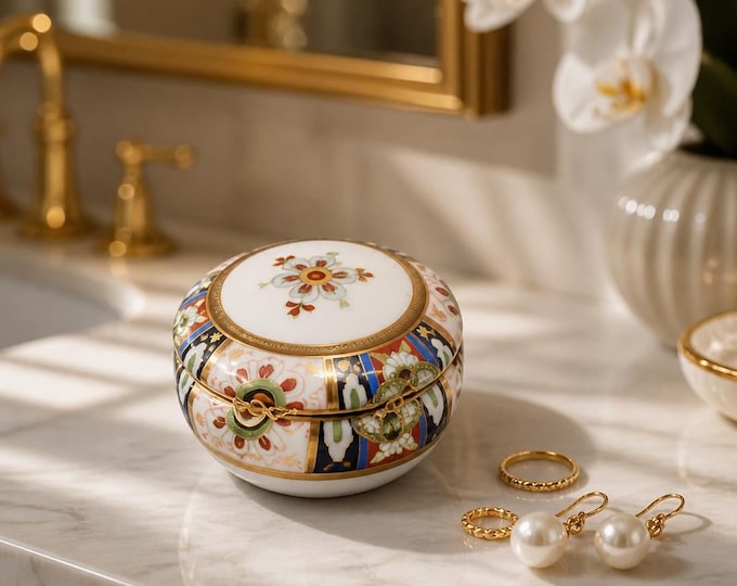 Vintage Nippon hand-painted Royal Grafton porcelain trinket dish with cover- 4”x3” pristine condition!