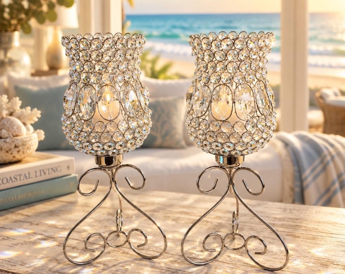 Pair of silver tone metal and crystal beaded hurricane candleholders 16” x 7” each