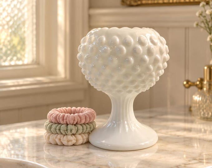 Vintage Fenton hobnail milk glass ivy ball pedestal vase  5” x 4”