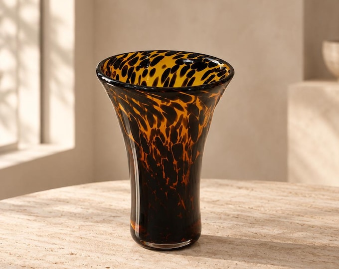 Vintage hand blown tortoise shell art glass vase 6.25” x 4”