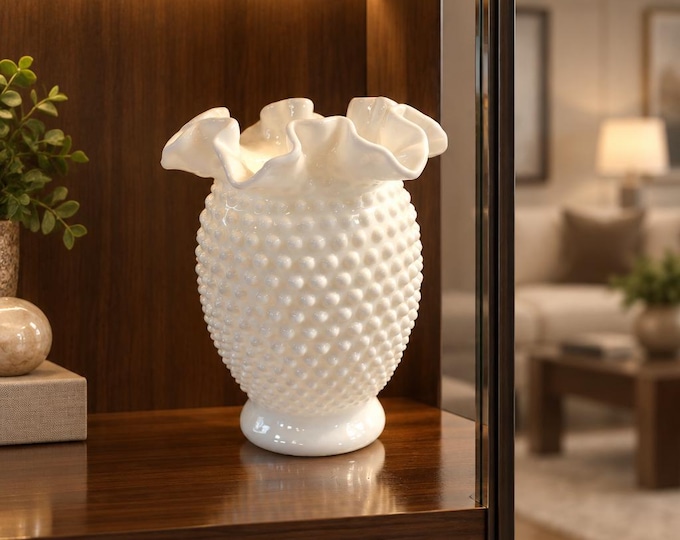 Vintage Fenton ruffle rim white milk glass hobnail vase 6” x 5”