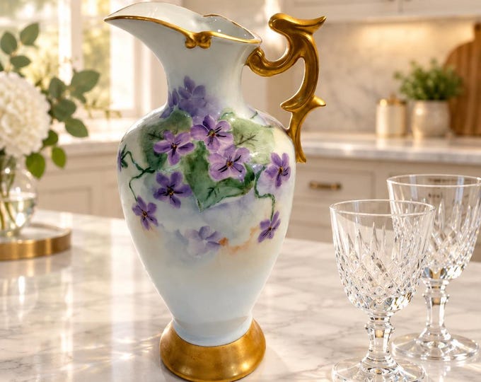 Antique hand-painted porcelain pitcher vase with violets and gilding 8.5” x 5”