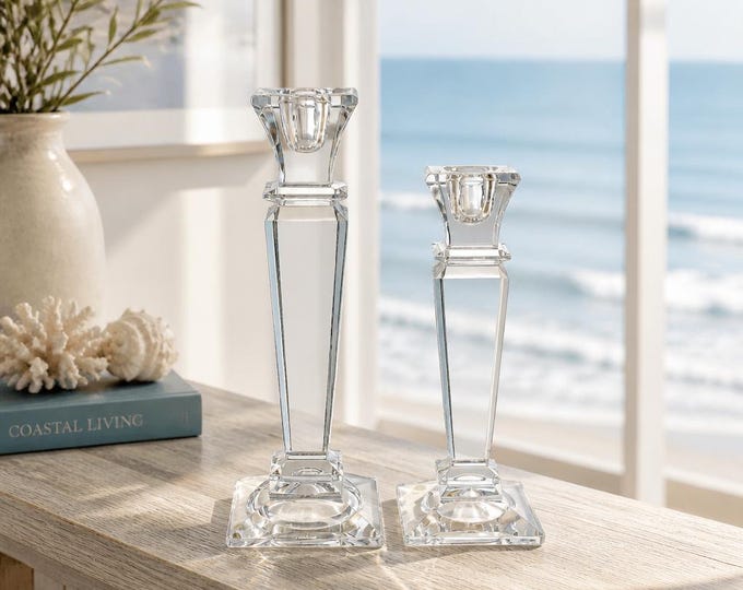 Vintage 24% Godinger Czechoslovakian lead crystal Art Deco style candlesticks 10” & 8”