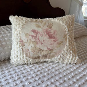 Shabby chic BLUSH PINK ROSES vintage chenille pillow, textured ivory and pink throw cushion