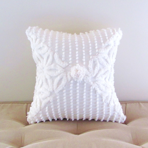 white chenille pillow cover 12 X 12 PEARLS AND DAISIES white cushion cover shabby style cottage chic