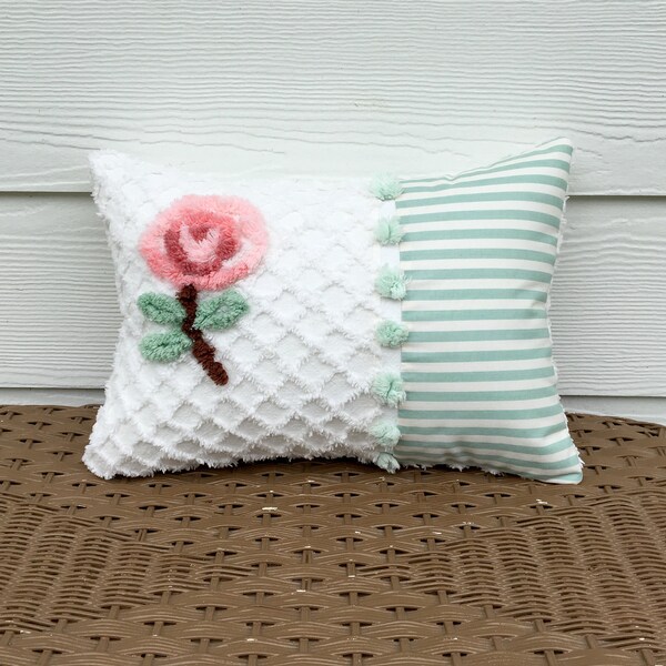 LATTICE ROSE 11 x 16 inches vintage chenille pillow, pink rose pillow, cottage chic cushion, floral pillow, striped cushion, rose accent