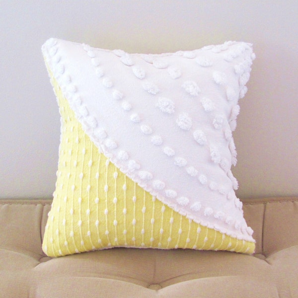 yellow pillow cover 12 X 12 LEMON WEDGE white vintage chenille cushion cottage chic pillow case