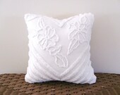 white pillow cover 12 X 12 CHEVRON POSIES white cushion cover washable vintage chenille cottage chic shabby style