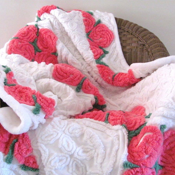 Reserved for D ROSE GARDEN Watermelon Pink Art Deco Vintage Chenille Quilt, White Chenille Throw, Paris Chic Cottage Quilt