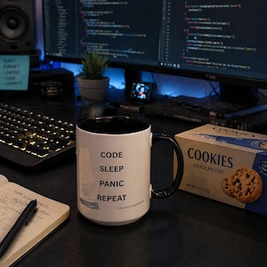 May include: A white mug with a black interior and handle, printed with "CODE SLEEP PANIC REPEAT" and "Life of a Programmer." A box of chocolate chip cookies is on a desk with a keyboard and computer screen.