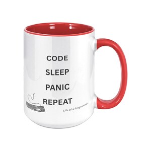 Code Sleep Panic Repeat Funny Programmer Coffee Mug Red