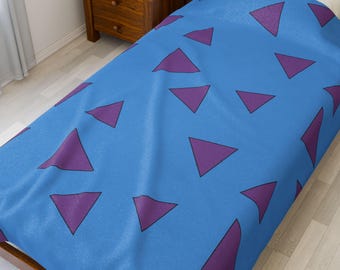 90s Cartoon Throw Blanket, Retro Purple Triangles, Velveteen Couch Decor