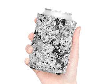May include: A black and white can cooler featuring a manga-style collage of various anime faces. The cooler is wrapped around a silver can, providing insulation. The design is a repeating pattern of expressive character illustrations.