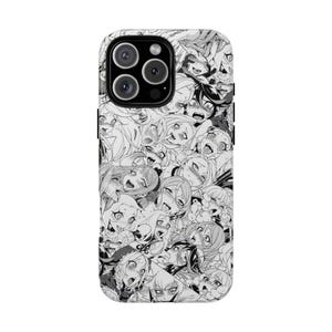 Könnte beinhalten: Schwarz-weißes Handycase mit einem sich wiederholenden Muster von Gesichtern im Manga-Stil. Das Case hat eine glänzende Oberfläche und einen Kameraausschnitt. Das Design zeigt eine Collage aus ausdrucksstarken, stilisierten Gesichtern.