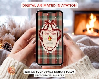 Christmas Girls Night Invite Animated, Xmas ladies party invitation, secret Santa evite white elephant, red bow coquette evite, text message