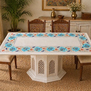 Handmade Marble Pietra Dura Table Top: Blue Floral Inlay, Rectangular