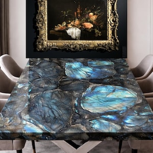 Labradorite Gemstone Dining Table Top – Iridescent Blue Mineral Slab, Custom Luxury Interiors