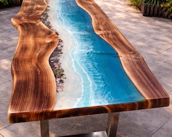 Handcrafted Walnut & Blue Epoxy Resin River Dining Table