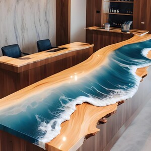 May include: A bespoke wooden countertop with a distinctive ocean wave design. The countertop showcases a light-toned wood base, complemented by a blue and white resin wave pattern. The design mimics an ocean wave, bringing a coastal aesthetic to the room.