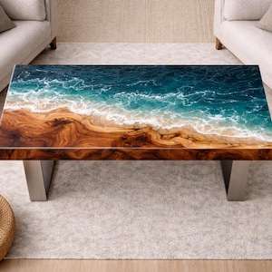 May include: A rectangular coffee table with a unique design. The tabletop features a realistic ocean scene with blue and turquoise water, a sandy beach, and a wooden base. The table is supported by two silver-colored metal legs.
