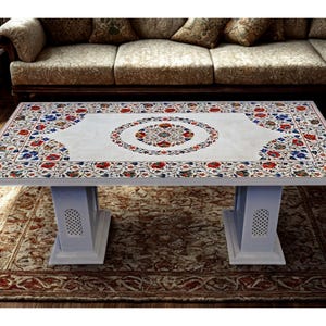 Inlay Dining Table Top Marble Rectangular Handmade Floral Pietra Dura Kitchen Wedding Gift Decor