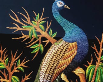 Zardozi Peacock Wall Hanging, Handmade Velvet Indian Embroidery Art