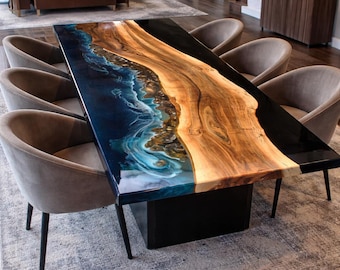 Walnut & Ocean Blue Epoxy Resin Dining Table - Live Edge River Table