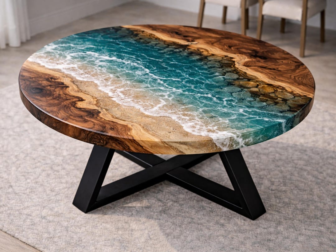Handcrafted Round Live Edge Epoxy Coffee Table, Ocean Resin River ...