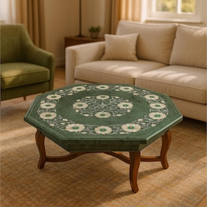 Handmade Green Marble Octagon Floral Inlay Coffee Table Top Accent Décor