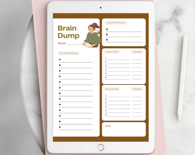 Brain Dump Planner Printable | Simple Daily Template | Minimalist Digital Organizer | Instant Download Productivity Planner PDF Template