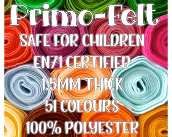 Primo-Felt, Polyester Felt - 51 colours - Soft, Strong, Smooth - EN71 tested for Toy and Doll making