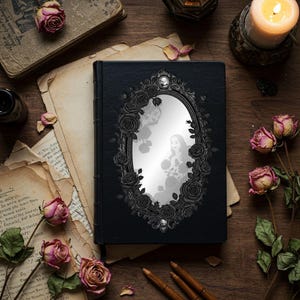 Cuaderno de tapa dura con espejo estilo gótico barroco — Rosas negras y reflejos fantasmales, diario de estilo Dark Academia, regalo mágico