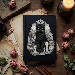 Gothic Schwarze Katze Hardcover Notizbuch — Witchy Potion & Candle Illustration, Dark Academia Journal, Okkultes Briefpapier Geschenk