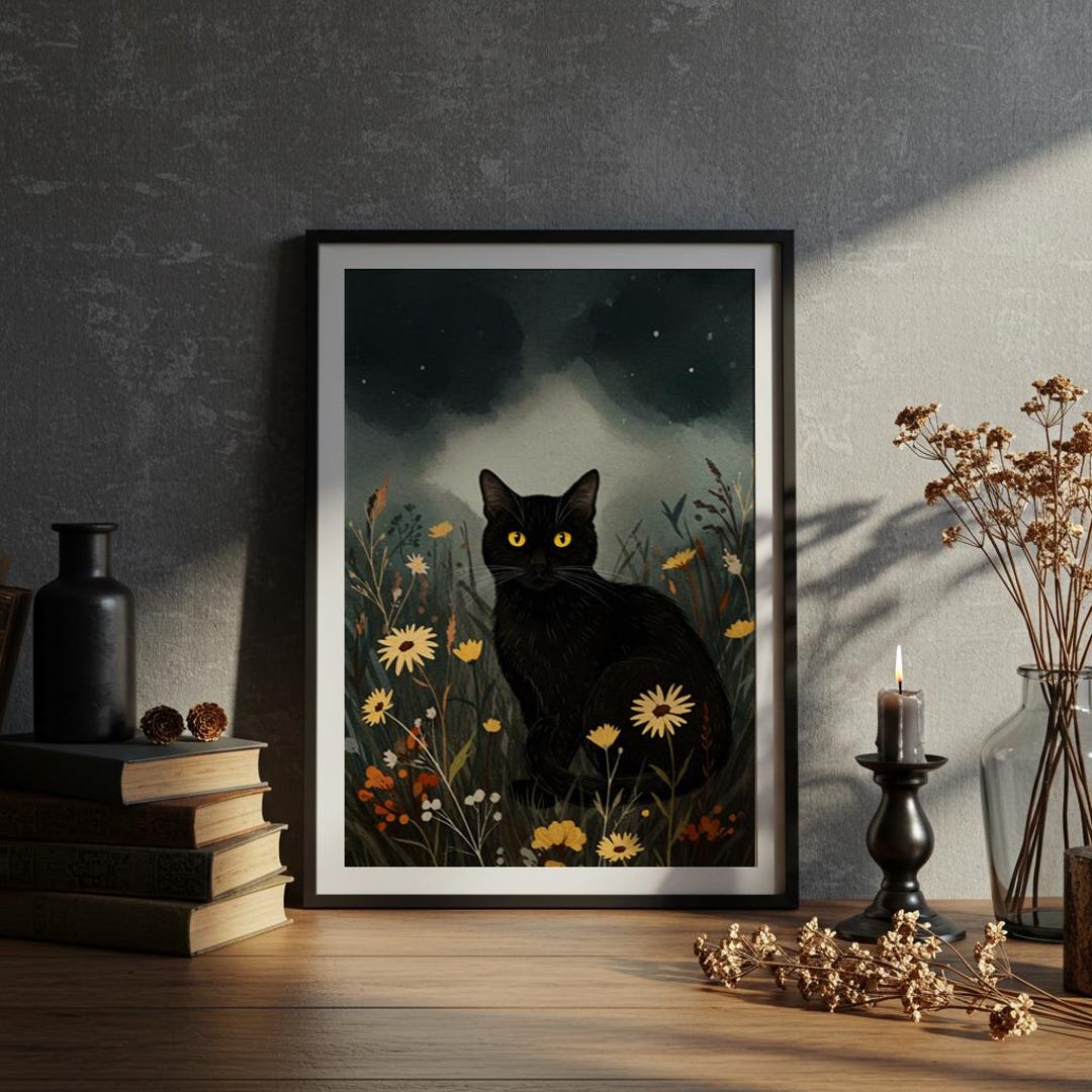 Black Cat Wall Art – Gothic Dark Academia Print, Moody Cottagecore ...