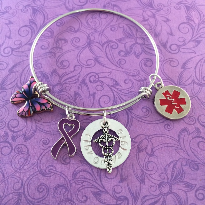 Purple Ribbon Hand Stamped Red Star Fibromyalgia Medical Alert Bangle Charm Bracelet Expandable Stainless Steel with Caduceus Butterfly