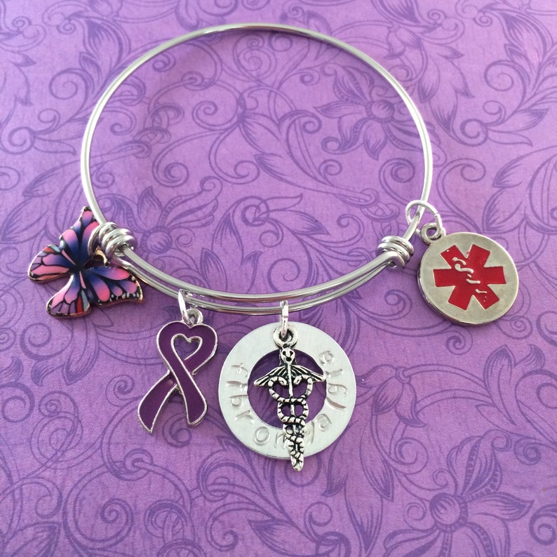 Purple Ribbon Hand Stamped Red Star Fibromyalgia Medical Alert Bangle Charm Bracelet Expandable Stainless Steel with Caduceus Butterfly