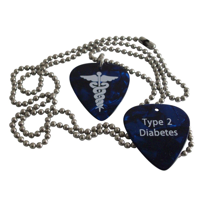 Type 2 Diabetes Guitar Pick Necklace Medical Id Alert with Caduceus