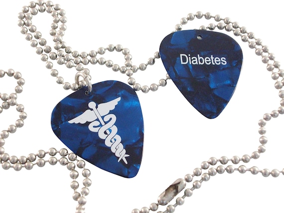 Type 2 Diabetes Guitar Pick Necklace Medical Id Alert with Caduceus