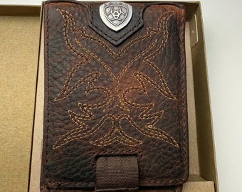 Ariat Bifold Wallet with Money Clip and Boot Stitch Design, Dark Brown