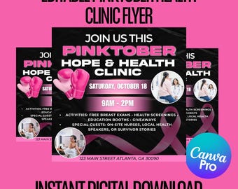 Editable Pinktober Health Clinic Flyer Template | Breast Cancer Awareness Month Canva Flyer