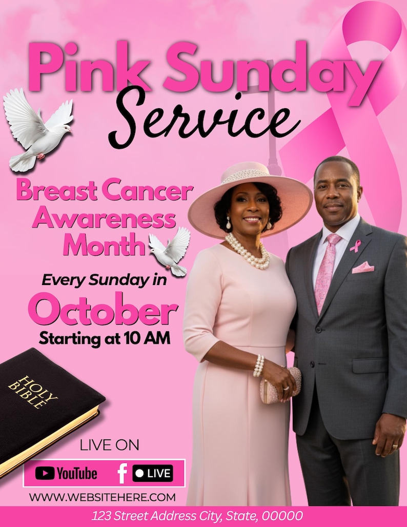 Pink Sunday Service Flyer Template | Breast Cancer Awareness Church ...