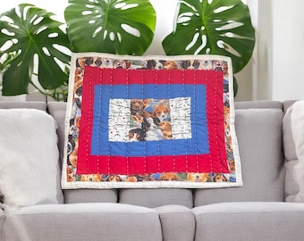 Handmade Puppy Quilted Wall Hanging – Red & Blue Cotton Patchwork