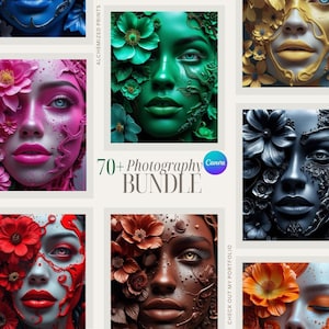 Artistic Portrait Photography Bundle| Surreal Floral Face Art| Bold Color Goddess Clipart| Creative Branding Photos| Canva Elements