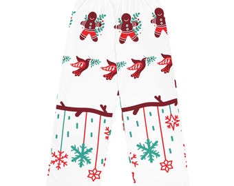Pantaloni da salotto coordinati per le feste di coppia con motivo pan di zenzero e fiocco di neve